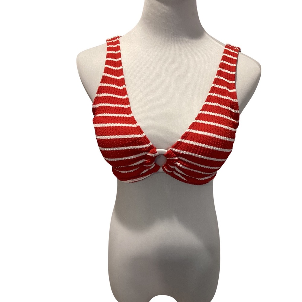 Red White Striped Bikini Top Bottom Swimsuit Set Textured Ring Detail